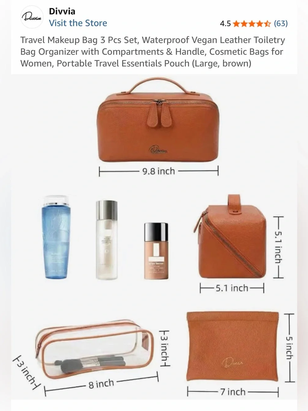 Divvia Travel Makeup 3 Pcs Set, Waterproof Leather Organizer - Large